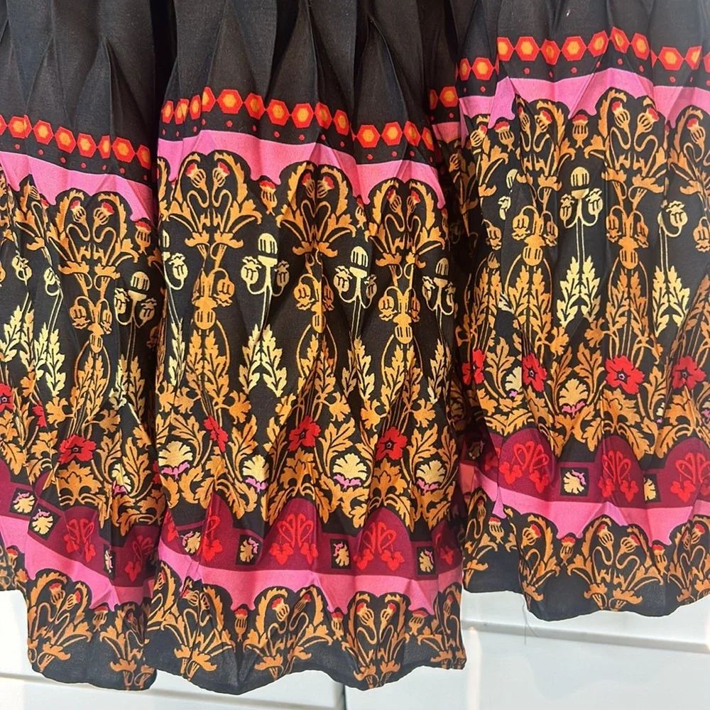 Farm Rio Anthropologie Bohemian Midi Black Pleated Skirt Multicolour Hem Size M - Picture 3 of 17